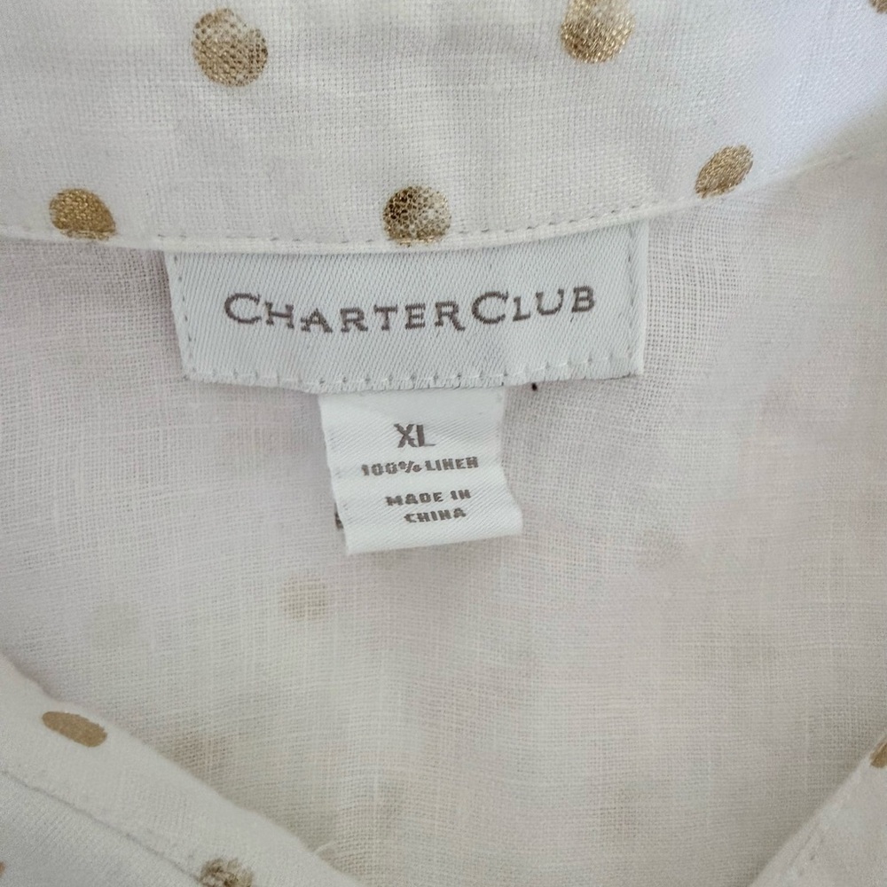 NWOT Charter Club Women’s XL 100% Linen Button Down Shirt Gold Polka Dots Long - Picture 6 of 7